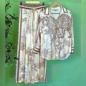 White and Beige Animal Print Shirt and Pants Italian Set